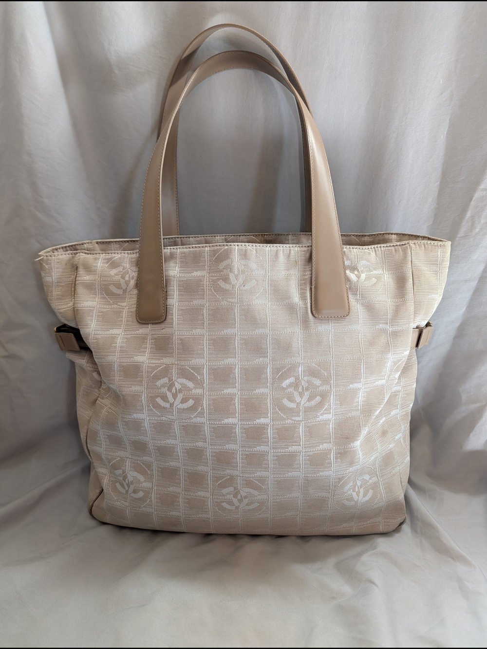 CHANEL Beige Quilted Canvas Tote with Leather Straps